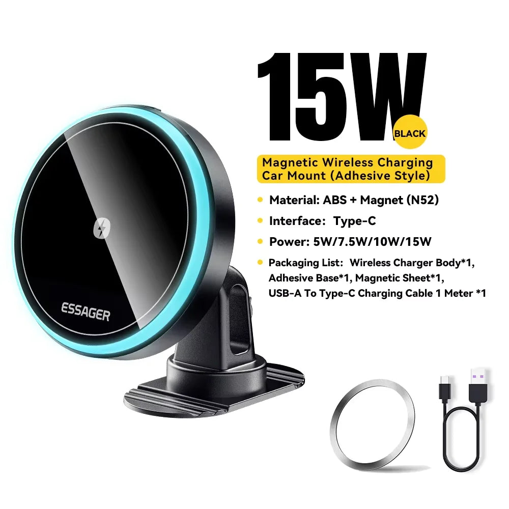 Wireless Magnetic Car Phone Mount — 15W Fast Charging, 360° Rotation